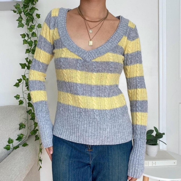 Striped Gray and Yellow Women's Sweater - Picture 1 of 2